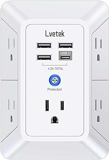 5-Outlet Surge Protector Wall Charger with 4 USB Ports - 1680J Multi Plug for Home, Office, Travel